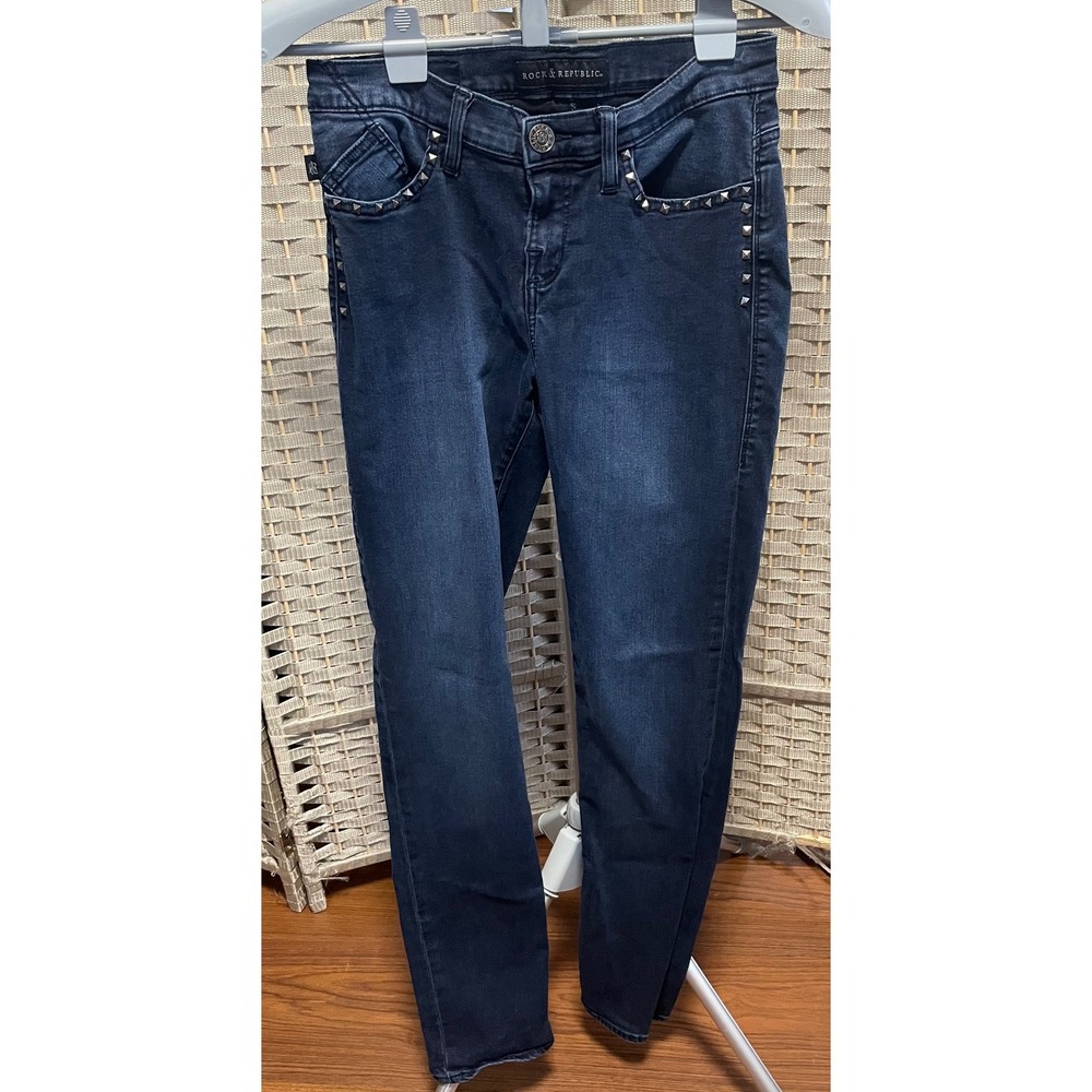 Rock & Republic Dark Wash Studded Skinny Jeans Denim Blue Edgy Mid Rise Size 8